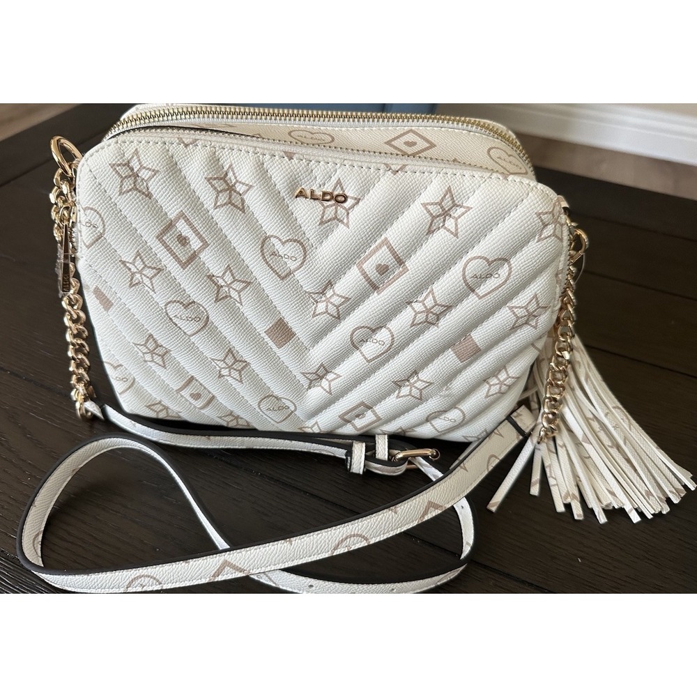 ALDO Cream Printed Crossbody Purse Double Zip Gold Tone Chain Tassel Bag